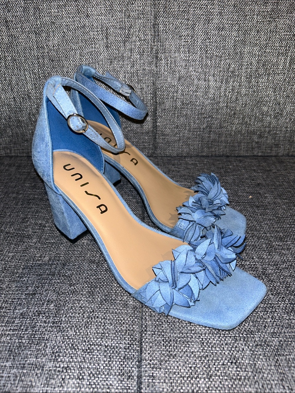 Unisa Light Blue Floral Ankle-Strap Block Heels